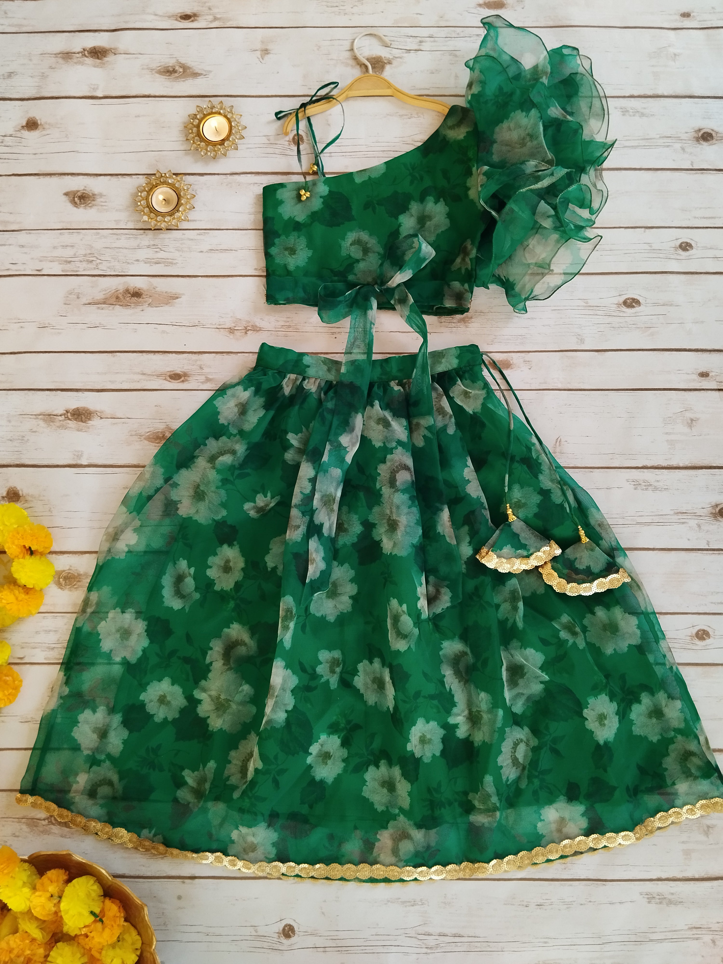 Forest Green Organza Kid's Lehenga