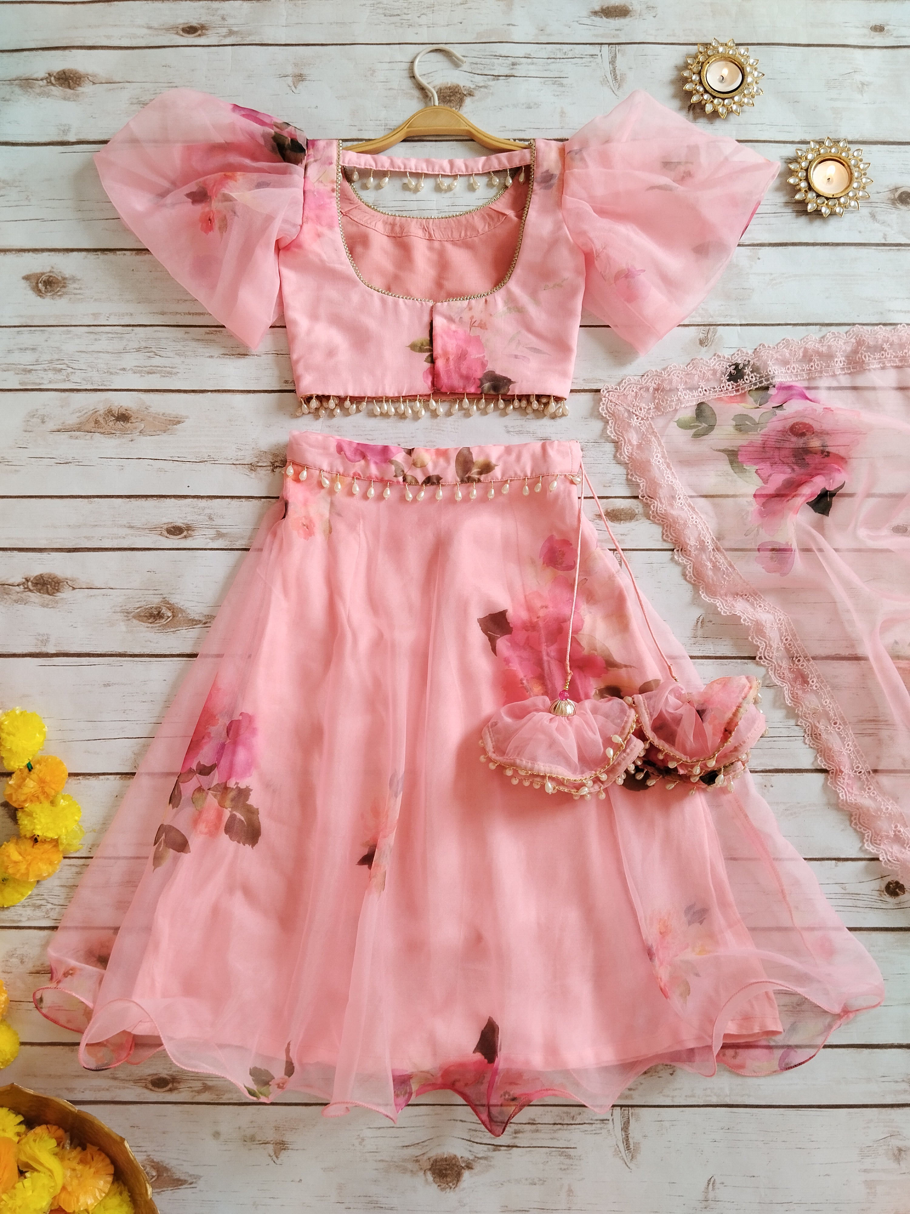 Blush Pink Floral Organza Kid's Lehenga