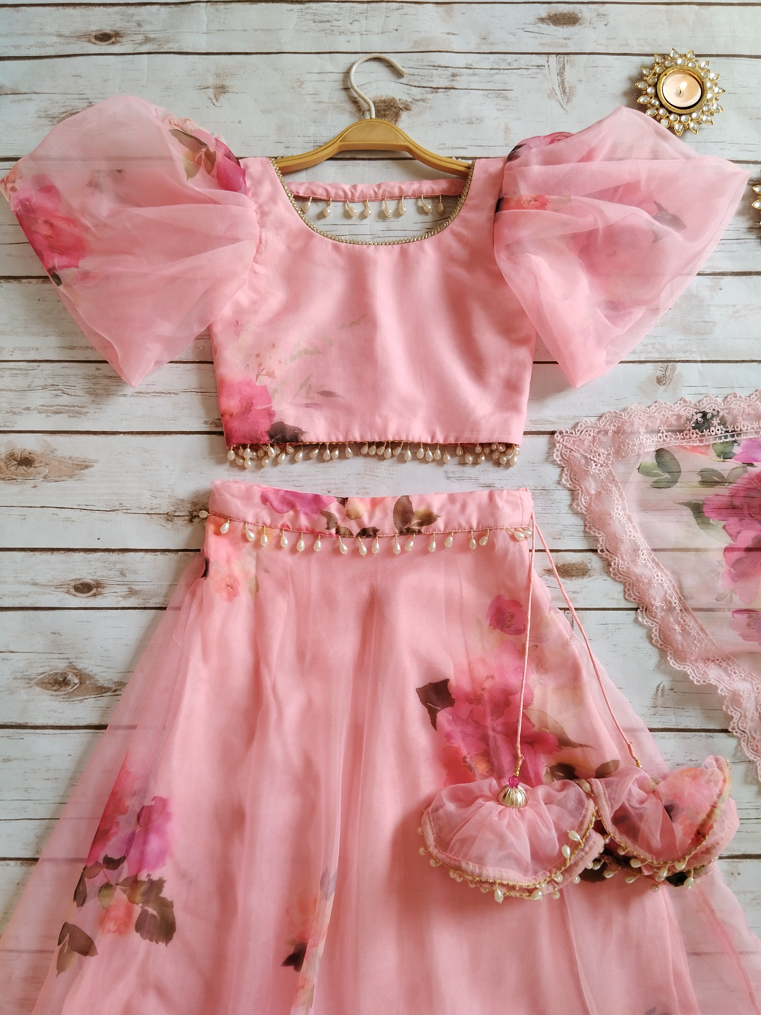 Blush Pink Floral Organza Kid's Lehenga