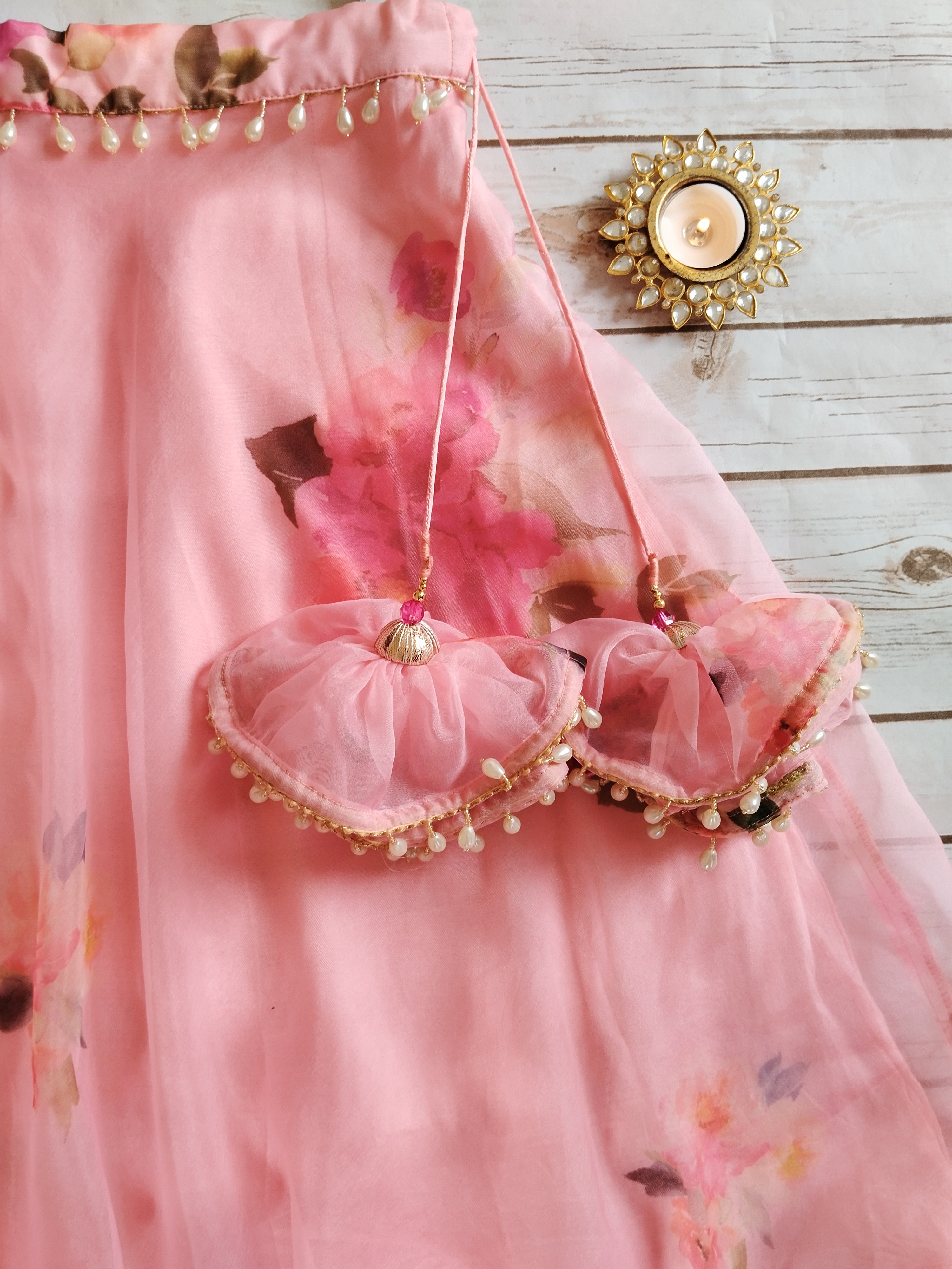 Blush Pink Floral Organza Kid's Lehenga