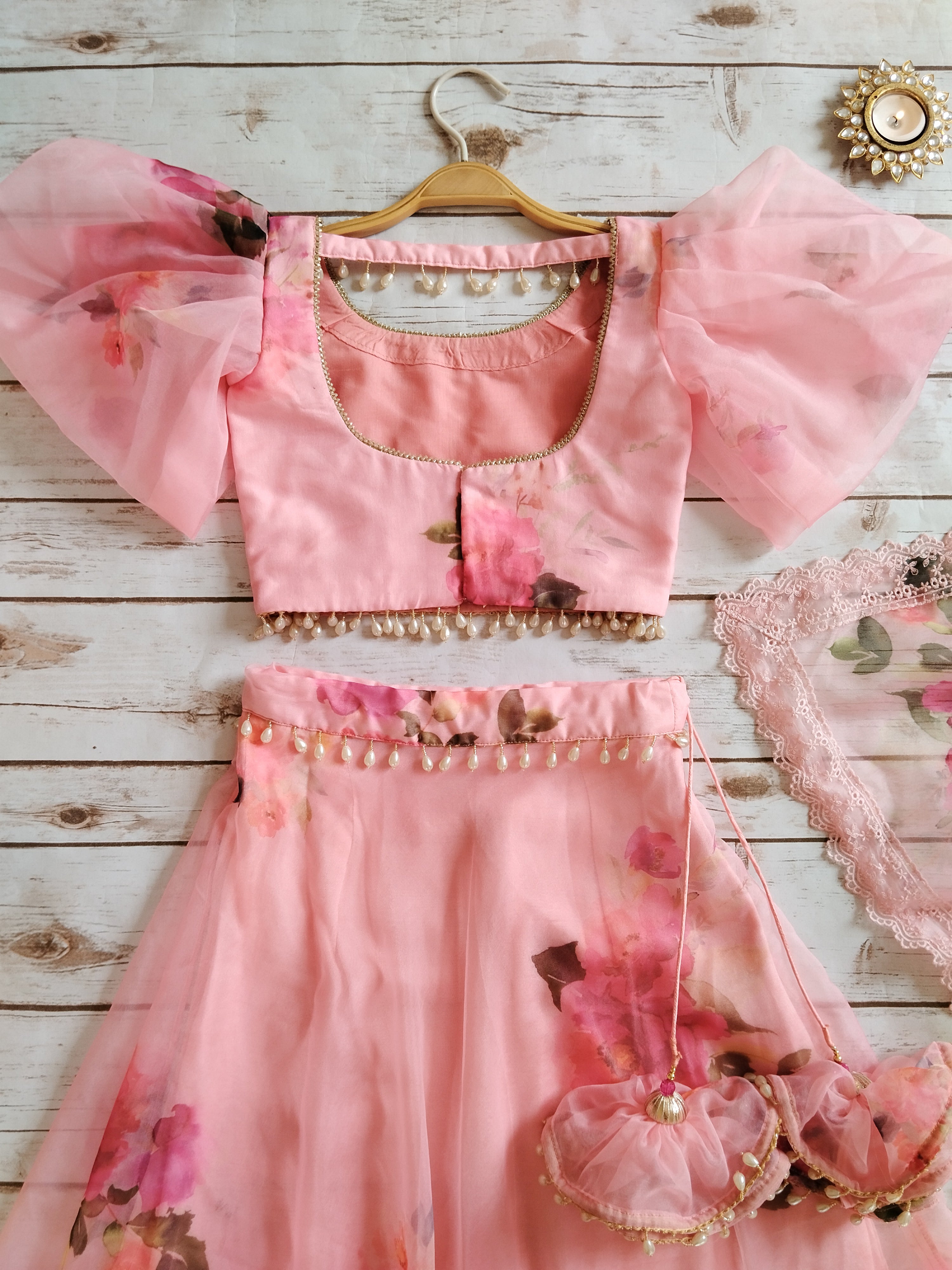 Blush Pink Floral Organza Kid's Lehenga