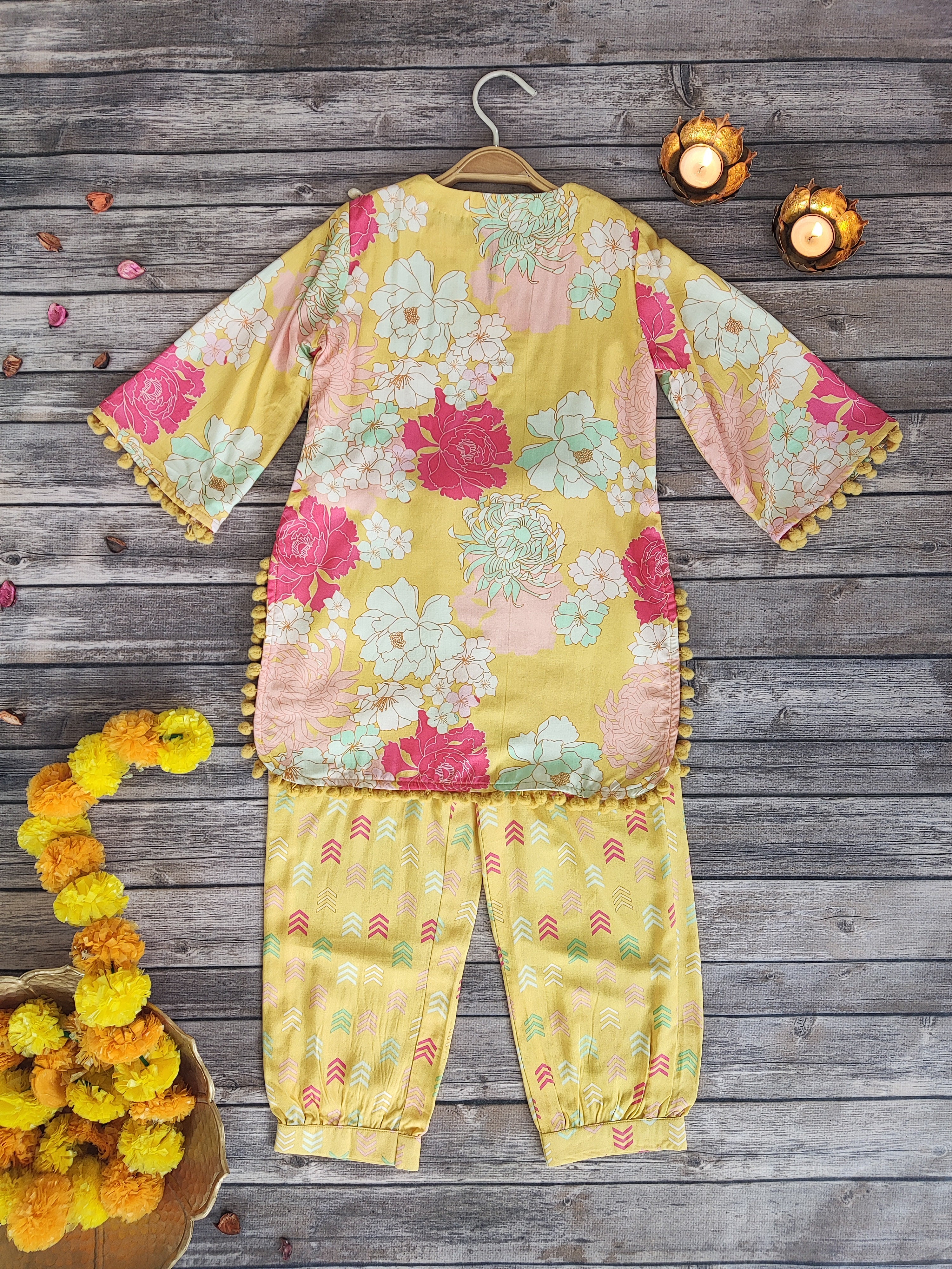 Yellow Printed Mirrorwork Kid's Co-ord Set