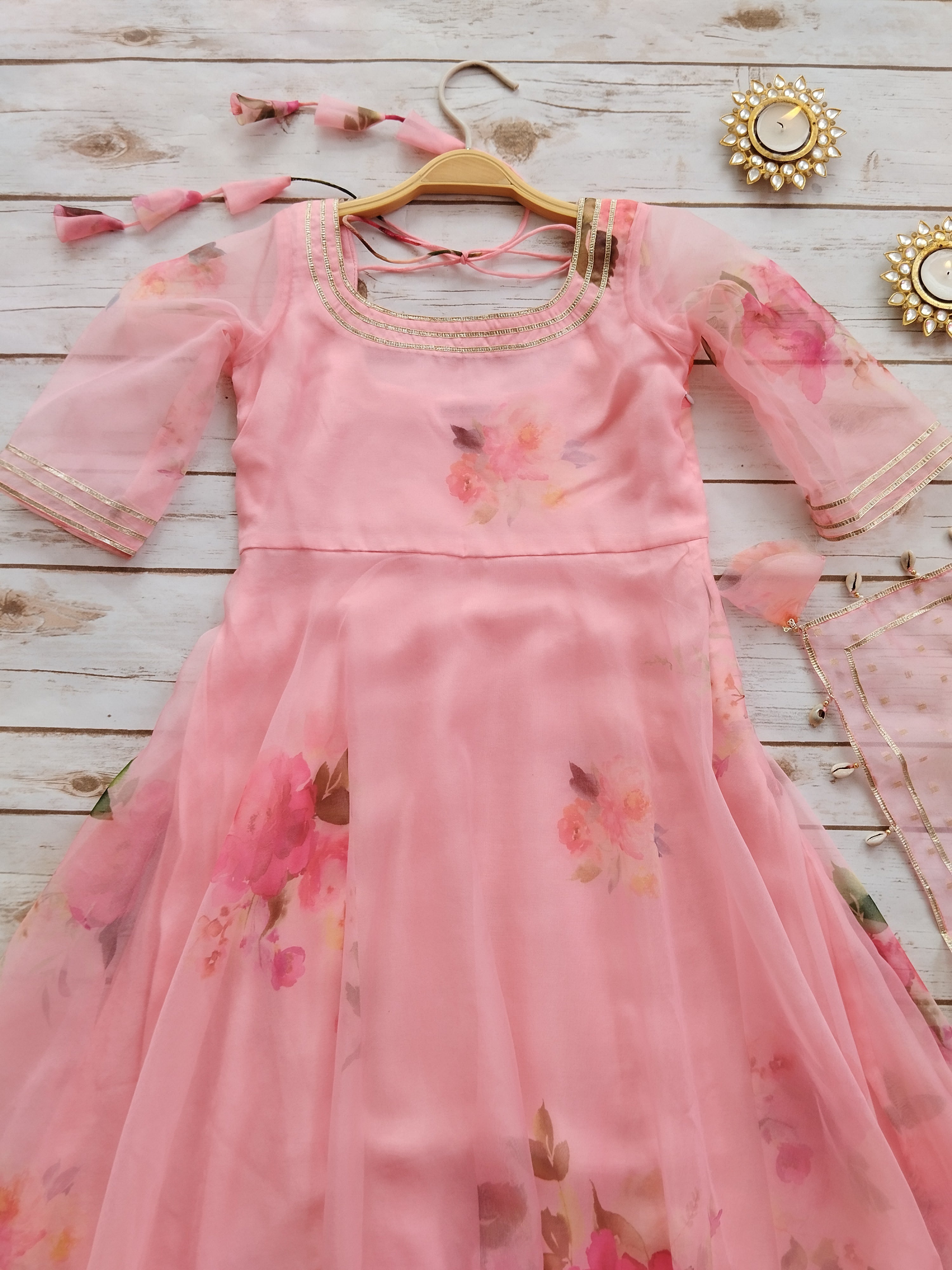 Blush Pink Organza Kid's Anarkali Suit (2 Pc.)