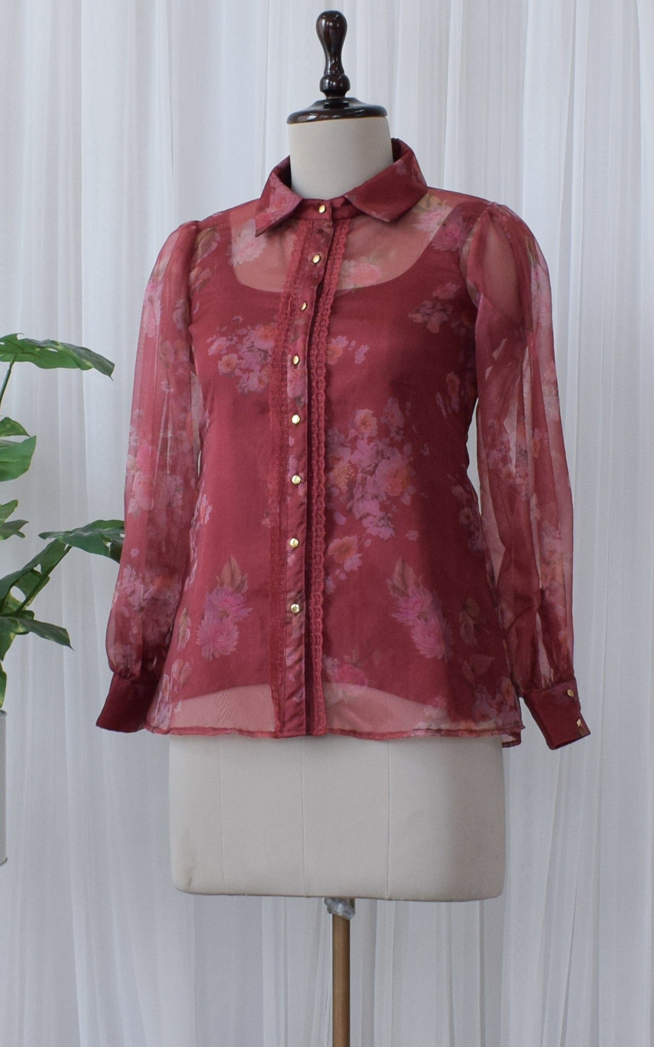 Wine Floral Print Organza Shirt