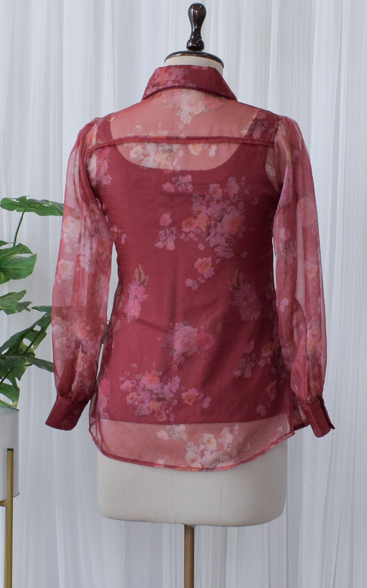 Wine Floral Print Organza Shirt