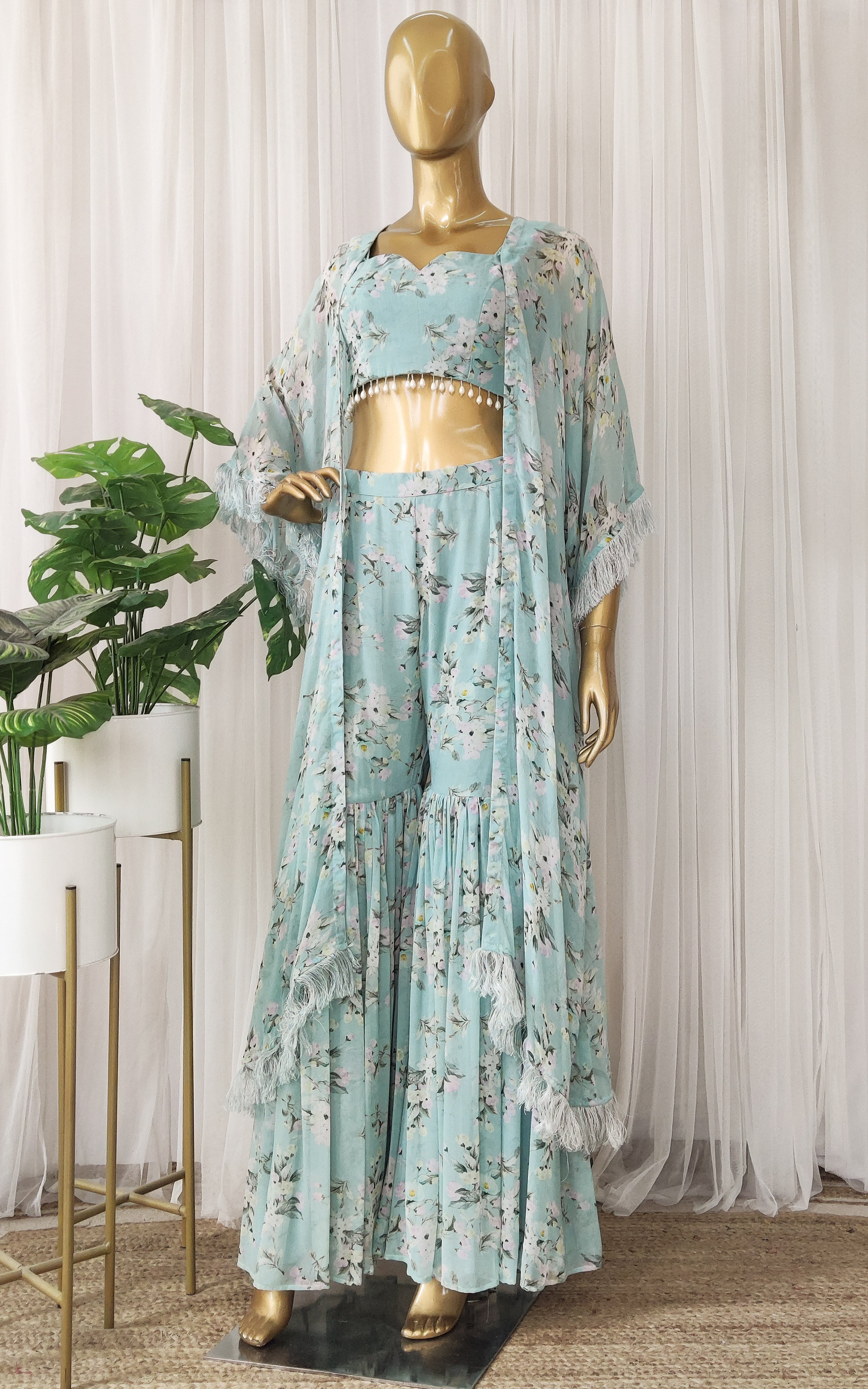 Powder Blue Floral Printed Georgette Jacket & Crop Top Sharara Set