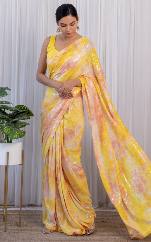 Yellow and hot pink designer saree - New India Fashion