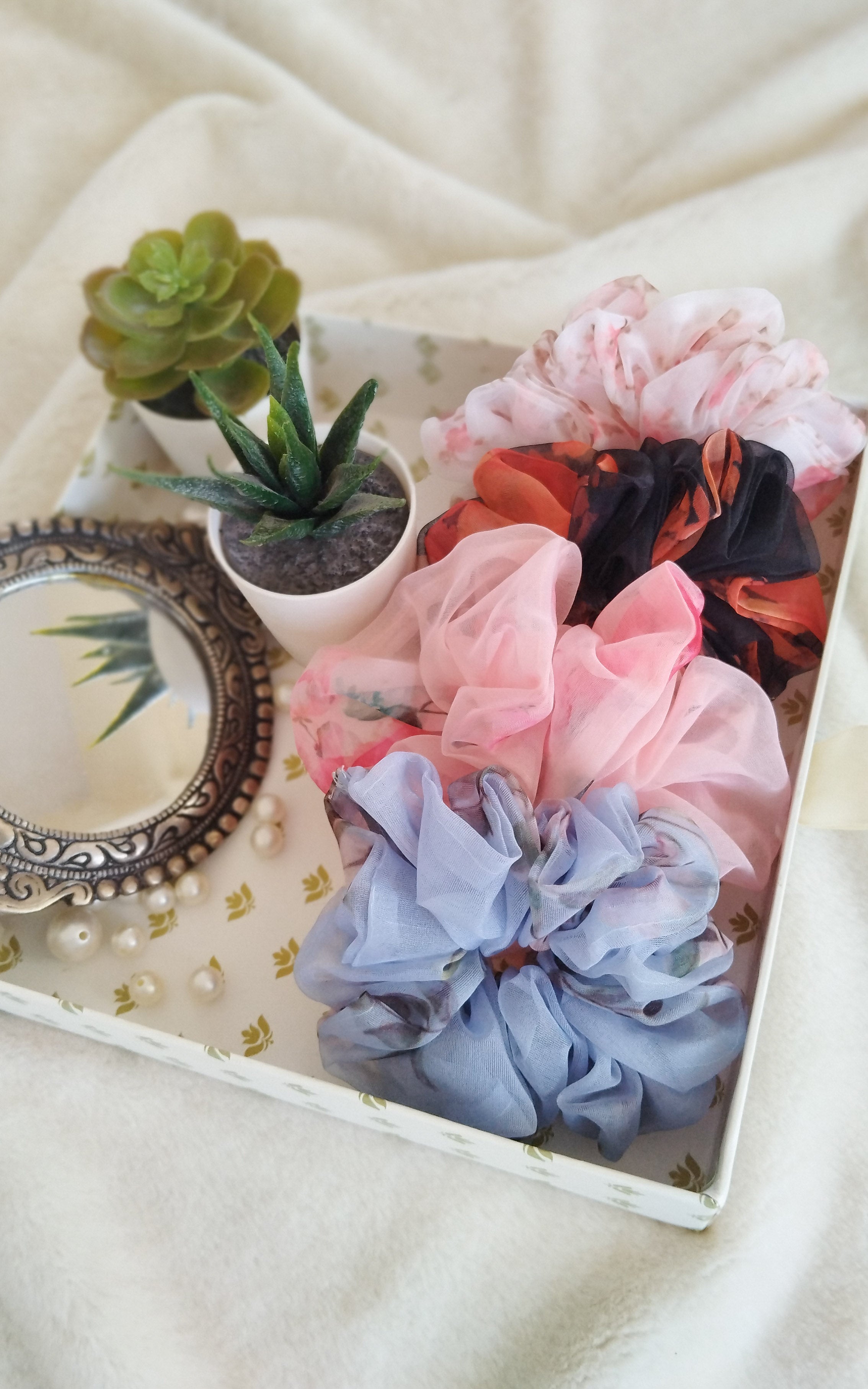 Giant Organza Scrunchies Combo (White, Sky-Blue, Pastel Pink, Black)