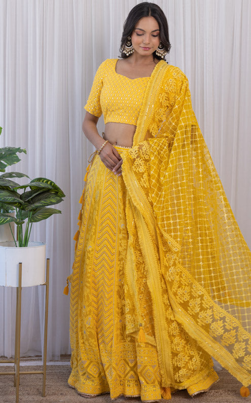 Yellow Mukaish Chikankari Lehenga Skirt – Dress365days