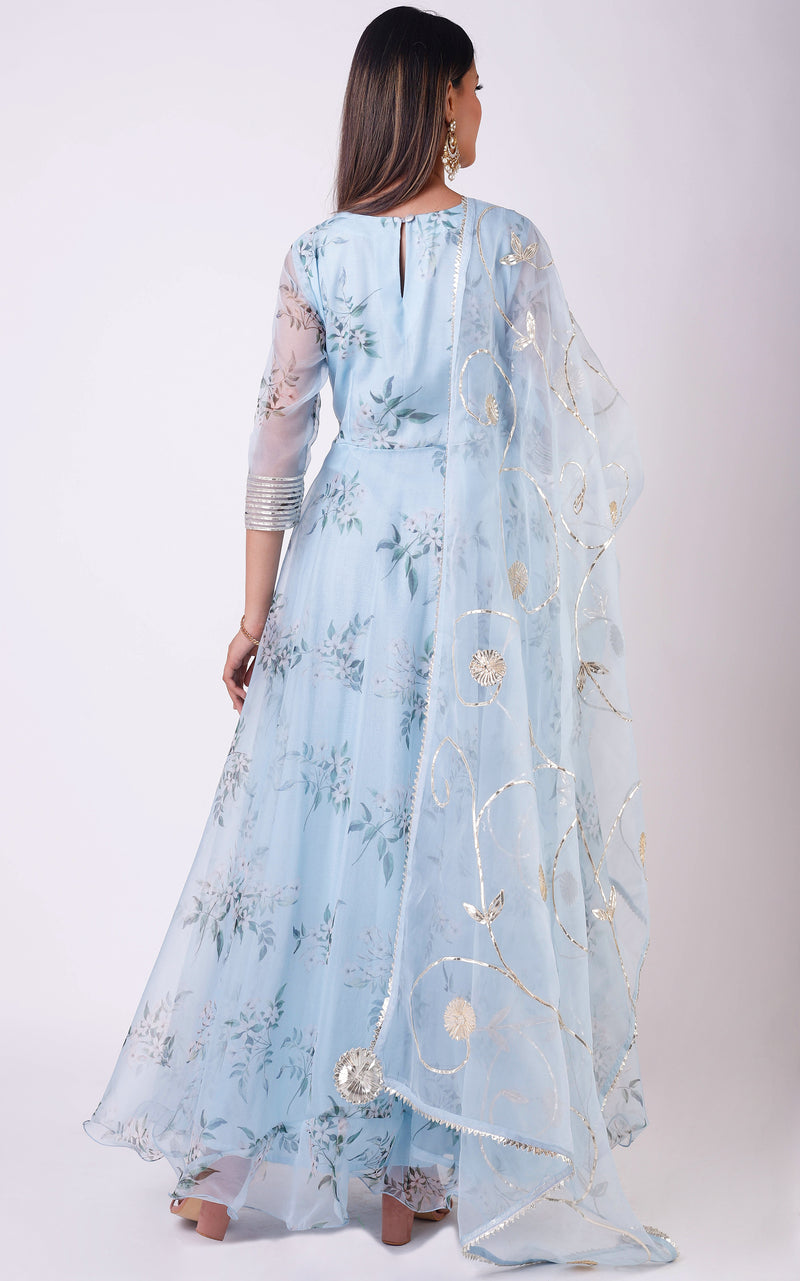 Powder Blue Printed Organza Anarkali With Gota Work Labelkanupriya