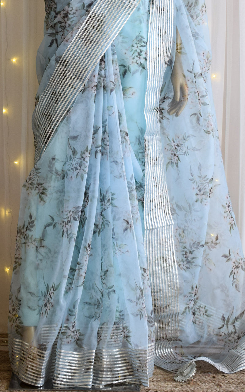 Sky Blue Floral Gota Work Organza Saree With Mirrorwork Blouse