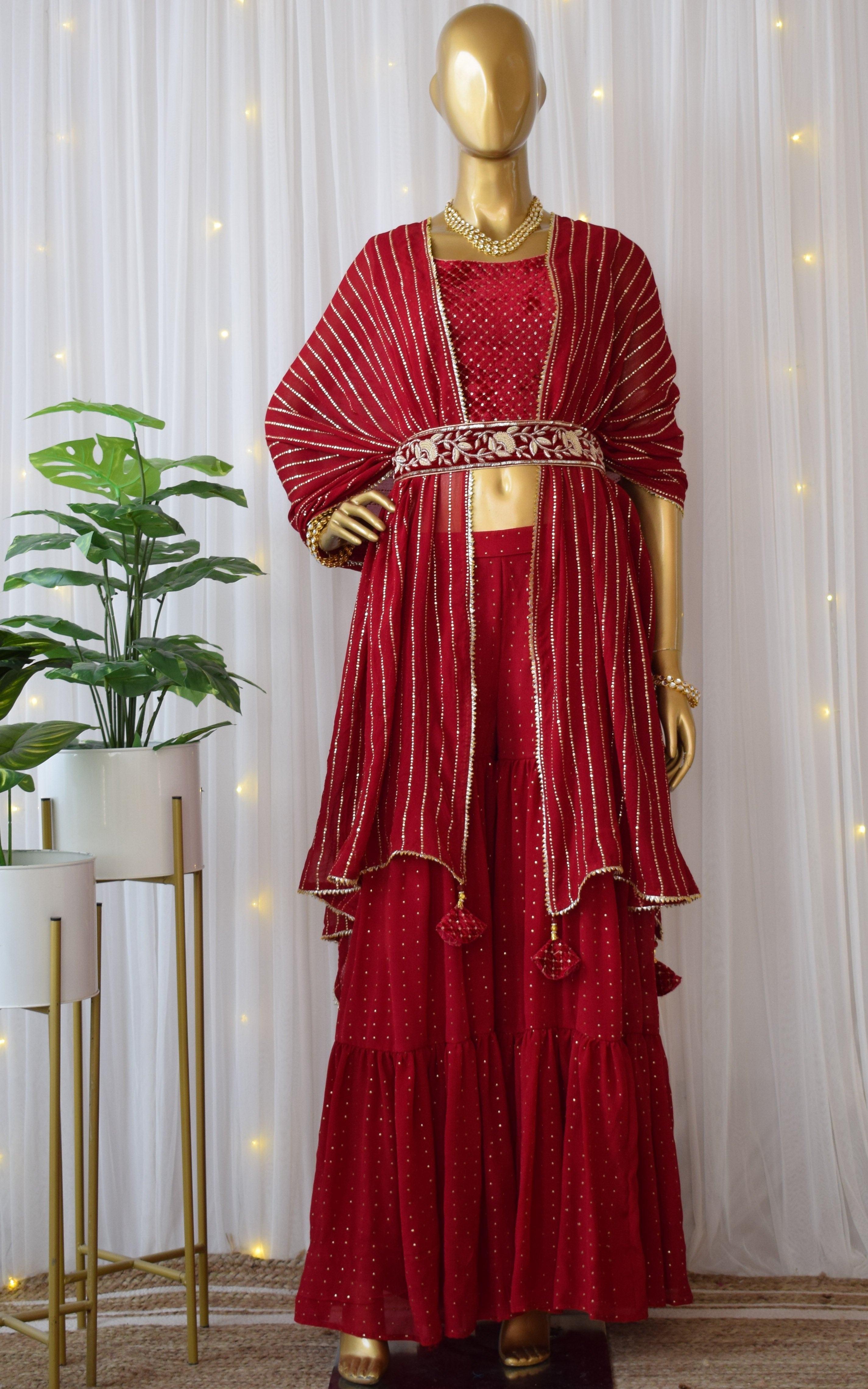 Maroon Sharara Saree Set With Velvet Zardozi Belt