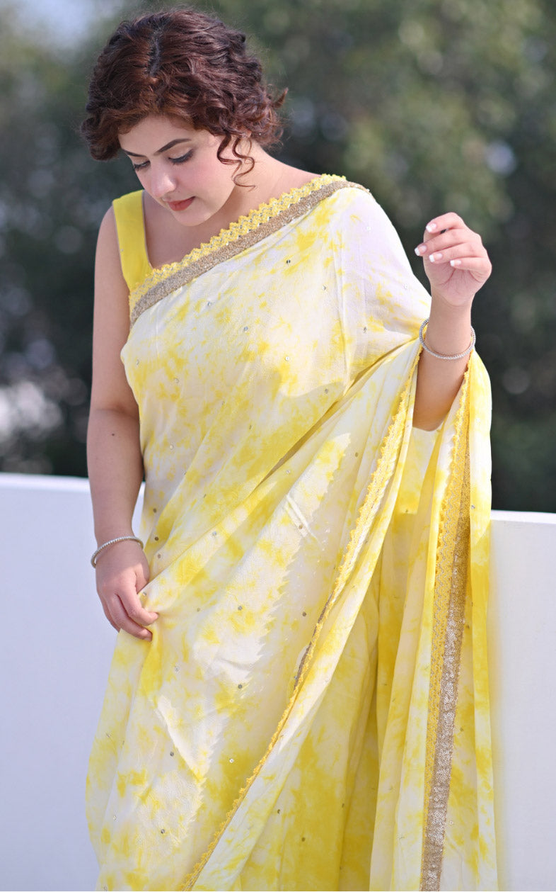 Tie Dyed Cotton Linen Saree in Off White and Yellow : SQP40