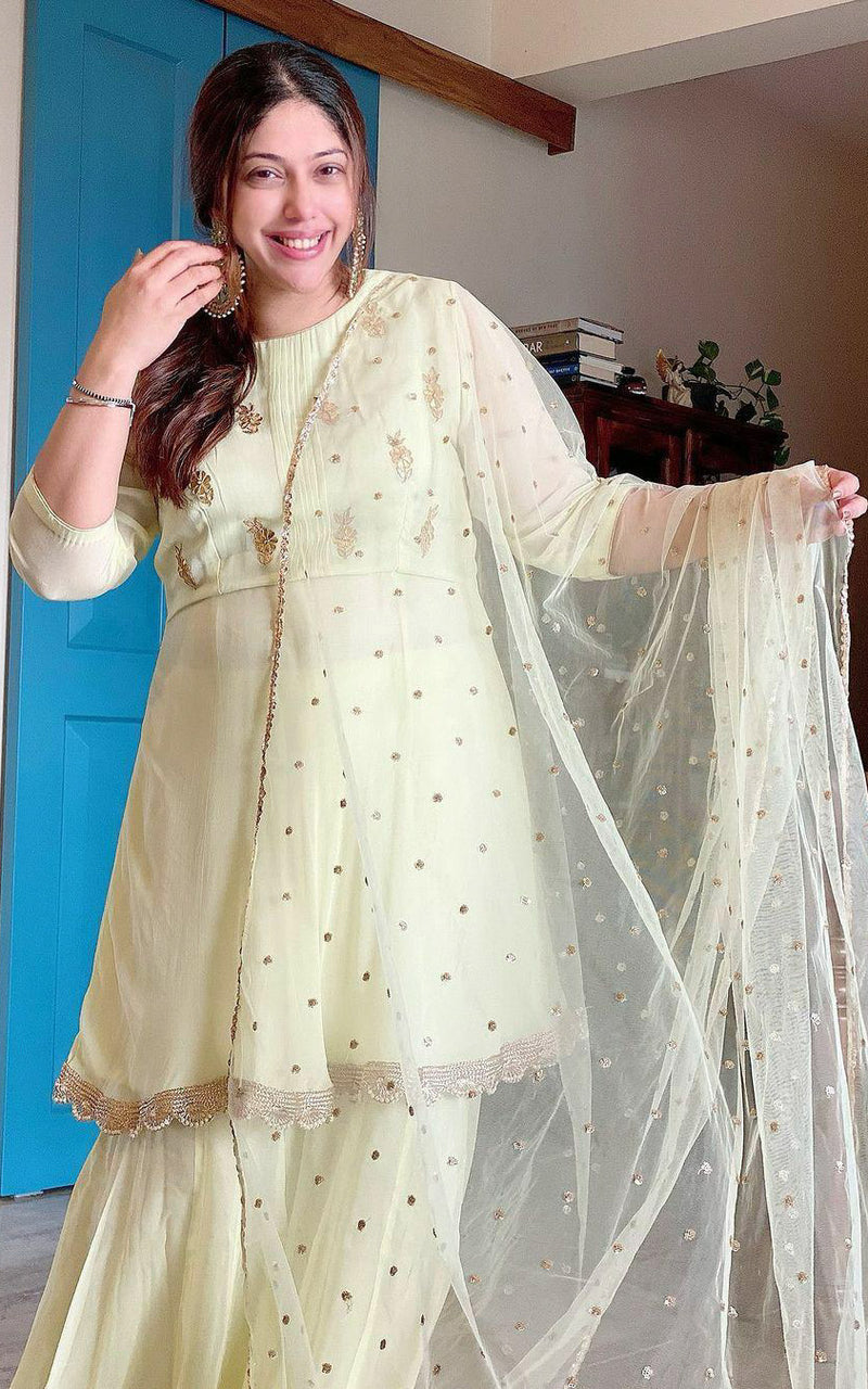 Gorgeous Designer Indo Western Lavender Net Silk Sharara Lehenga Suit