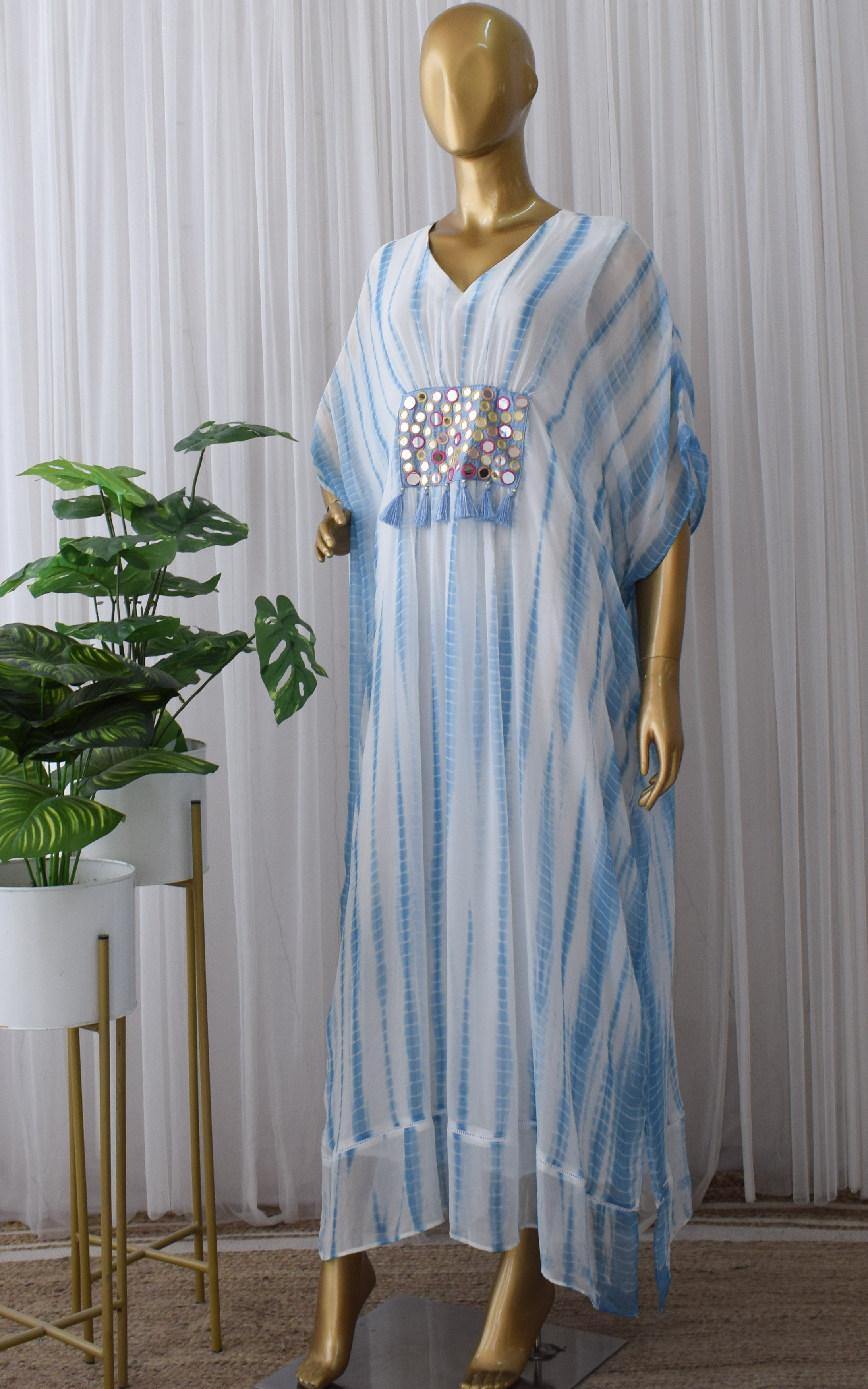 Blue Mirror Embellished Shibori Kaftan Dress