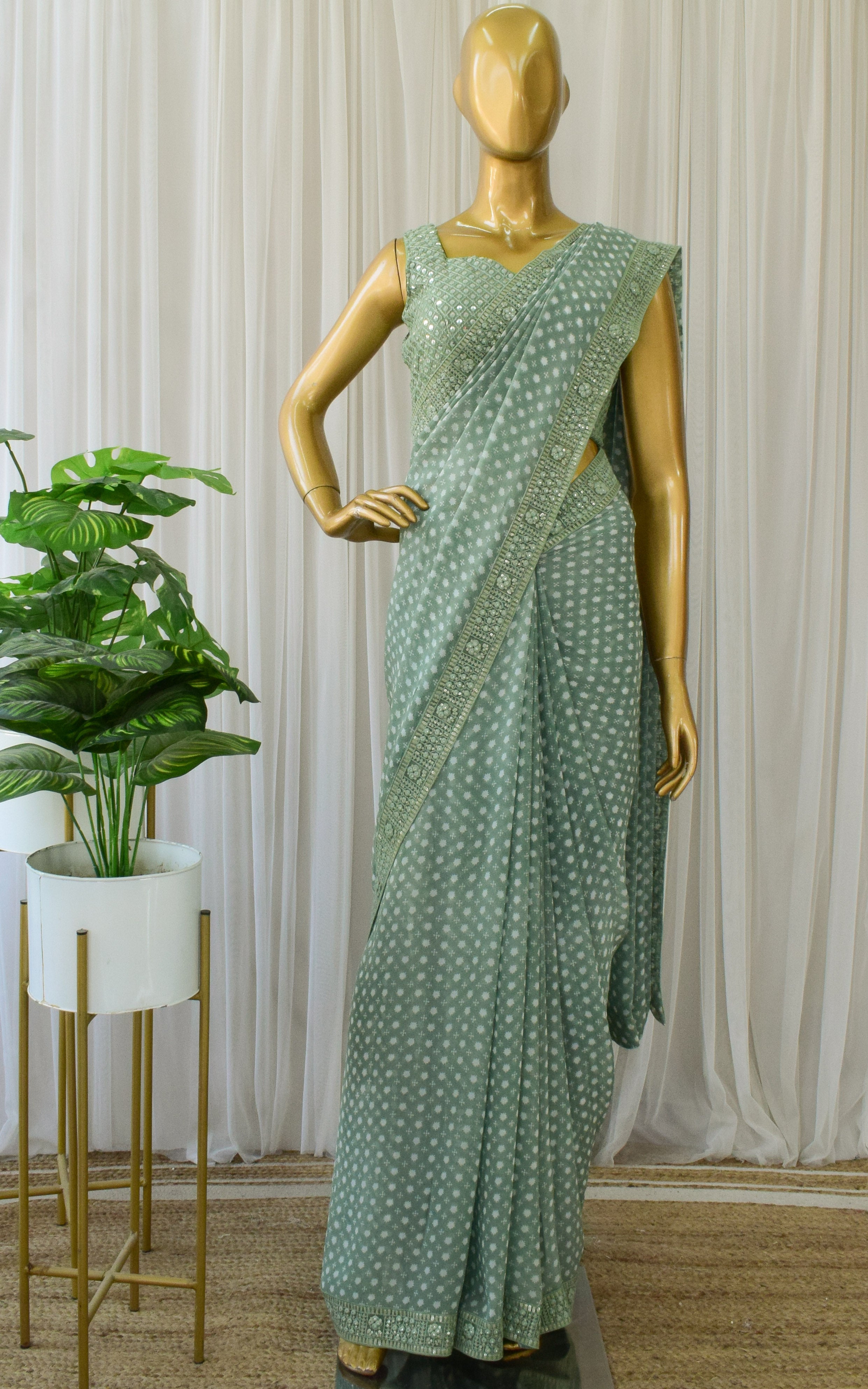 Sage Green Printed Georgette Mirrorwork Saree