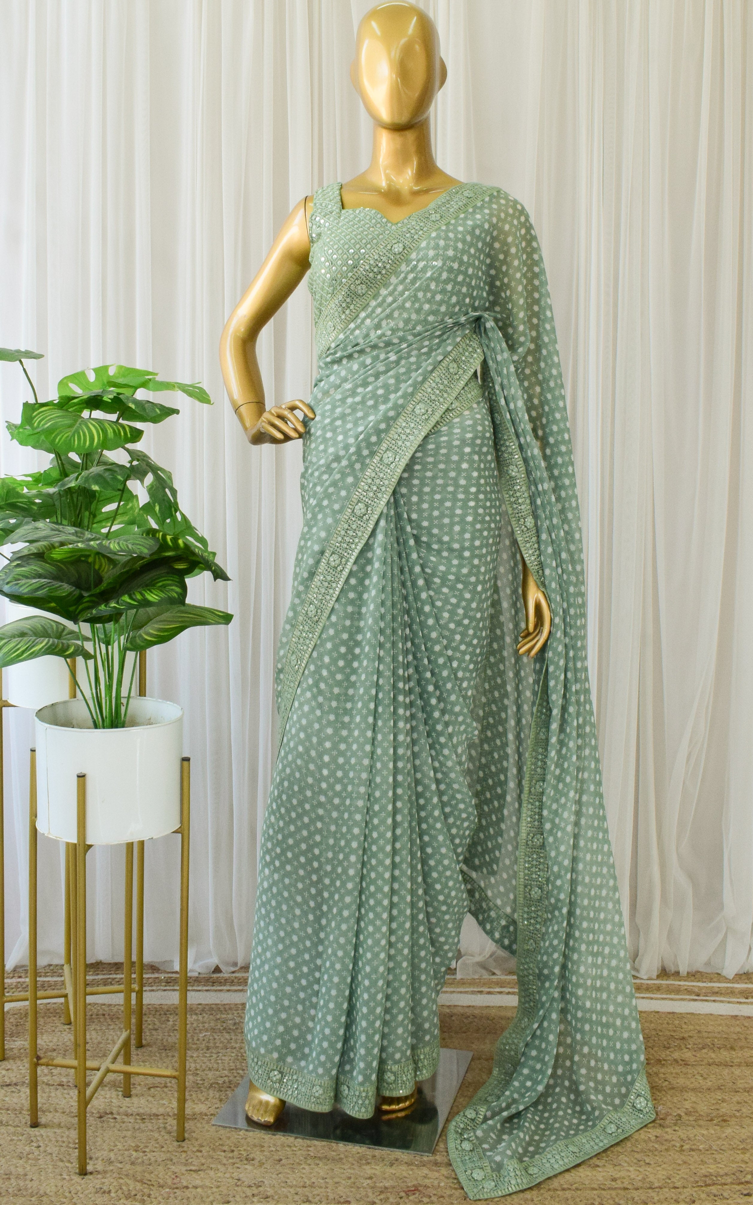 Organza Floral Printed Sage Green Saree With Scallop Border | Kankatala