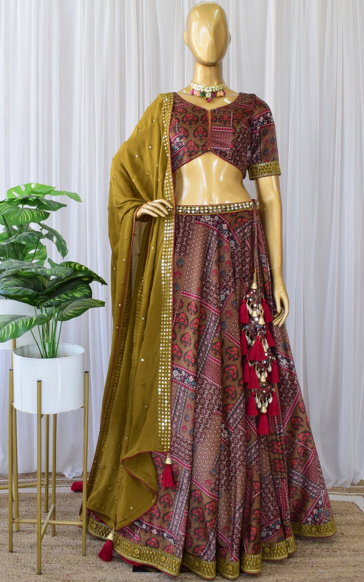 Mahogany Brown Velvet Lehenga with Mirrorwork Dupatta