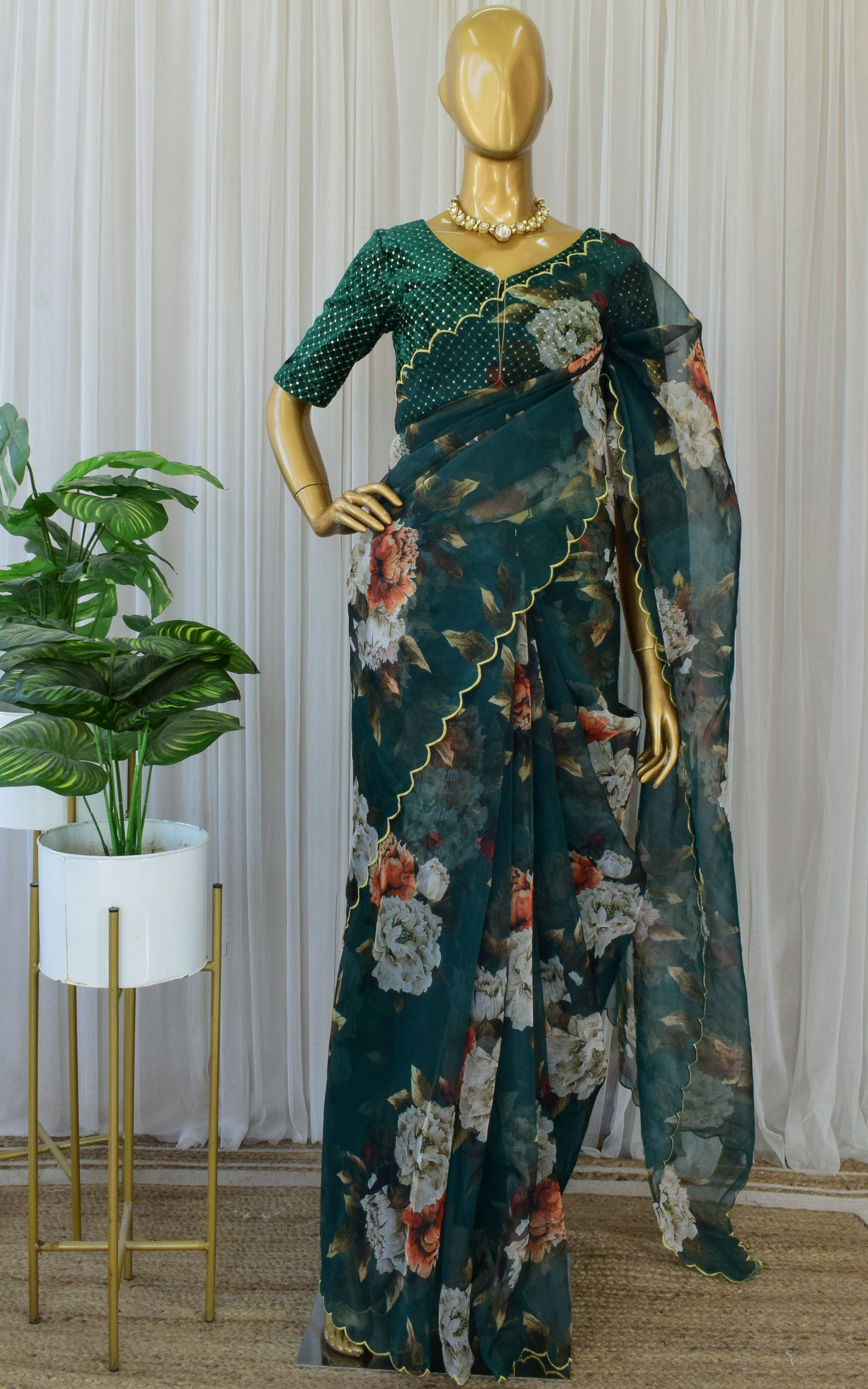 Buy Embroidered Organza Dark Green Saree (NWSA-6153) Online